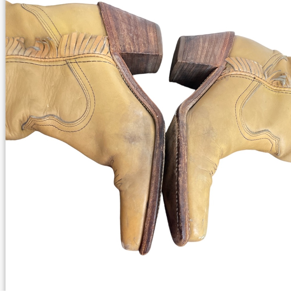 Frye Tan Leather Fringe Western Heeled Boots - Picture 10 of 10